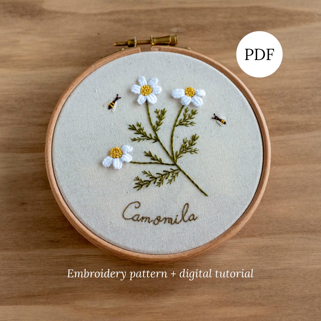 カモミールの手刺繍パターン：ボタニカルフープアート（PDF