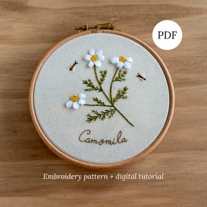 Chamomile Hand Embroidery Pattern, Botanical Design DIY Hoop Art, Wild Herbs Digital Tutorial for Beginners