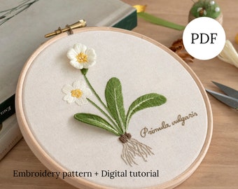 Primrose Stumpwork Hand Embroidery Pattern, 3D Primula DIY Digital Tutorial, Botanical Raised Work for Decor