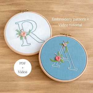 Padrão de bordado à mão com letras florais, inicial floral - 26 letras + e, tutorial em vídeo de bordado à mão com monograma floral para iniciantes