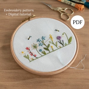Wildflowers handborduurpatroon, DIY weidebloemen hoepel kunst, bloemmotief voor beginners