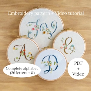 Patrón de bordado a mano con monograma floral, bordado completo del alfabeto (26 letras + &), video tutorial bordado inicial para regalo hecho a mano
