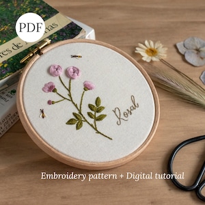 バラの手刺繍パターン、DIY 植物フープアート、花のデザイン、初心者向けステップバイステップの PDF