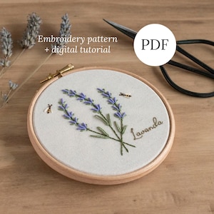 Lavender Hand Embroidery Pattern, Step by Step Digital Tutorial, Flowers and Bees DIY Hoop Art for Beginners
