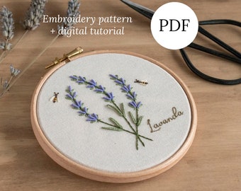 Lavender Hand Embroidery Pattern, Step by Step Digital Tutorial, Flowers and Bees DIY Hoop Art for Beginners