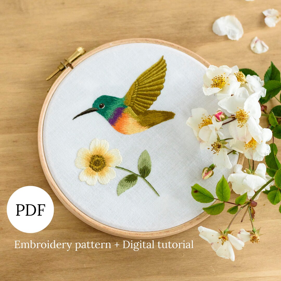 Exotic Bird & Flower Hand Embroidery Pattern, Hummingbird ...