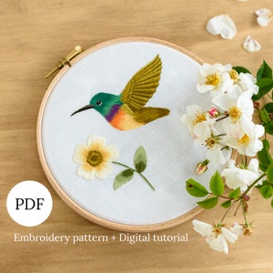 Exotic Bird & Flower Hand Embroidery Pattern, HummingBird Needlepainting Tutorial for Beginners, Thread Painting DIY