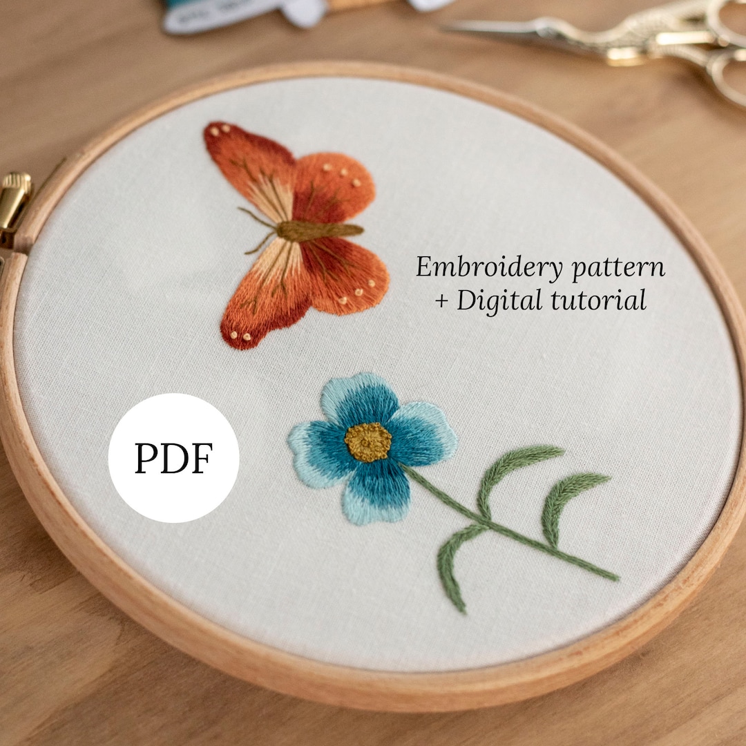 Butterfly &amp; Flower Hand Embroidery Pattern, Needlepainting PDF Tutorial ...
