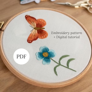 Mariposa & Flor patrón bordado a mano con instrucciones, Tutorial pintar con aguja, Pintar con hilo iniciación, Descarga instantánea, PDF