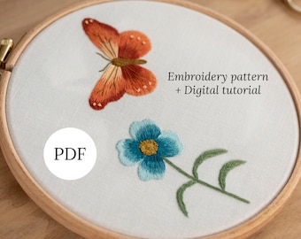 Butterfly & Flower Hand Embroidery Pattern, Needlepainting PDF tutorial, Thread Painting for Beginners