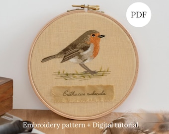 Può includere: Motivo di ricamo di un pettirosso, con il nome scientifico "Erithacus rubecula" scritto su un'etichetta sotto l'uccello. Il ricamo è esposto in un cerchio di legno, con un'etichetta PDF nell'angolo in alto a destra. Il testo "Modello di ricamo + Tutorial digitale" è scritto sotto il cerchio.