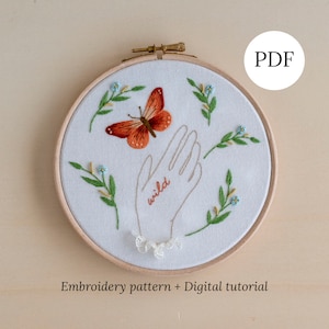 Butterfly Hand Embroidery PDF Pattern, Thread Painting Tutorial for Beginners, Printable Stitching Design