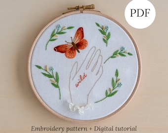 Butterfly Hand Embroidery PDF Pattern, Thread Painting Tutorial for Beginners, Printable Stitching Design