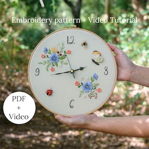 Floral Clock Hand Embroidery Pattern, DIY Hoop Art with Video Tutorial, Stumpwork Design for Wall Decor
