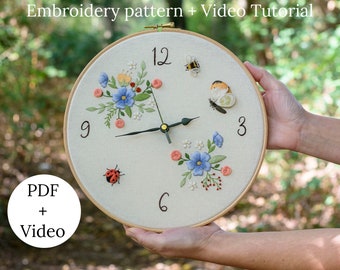 Floral Clock Hand Embroidery Pattern, DIY Hoop Art with Video Tutorial, Stumpwork Design for Wall Decor