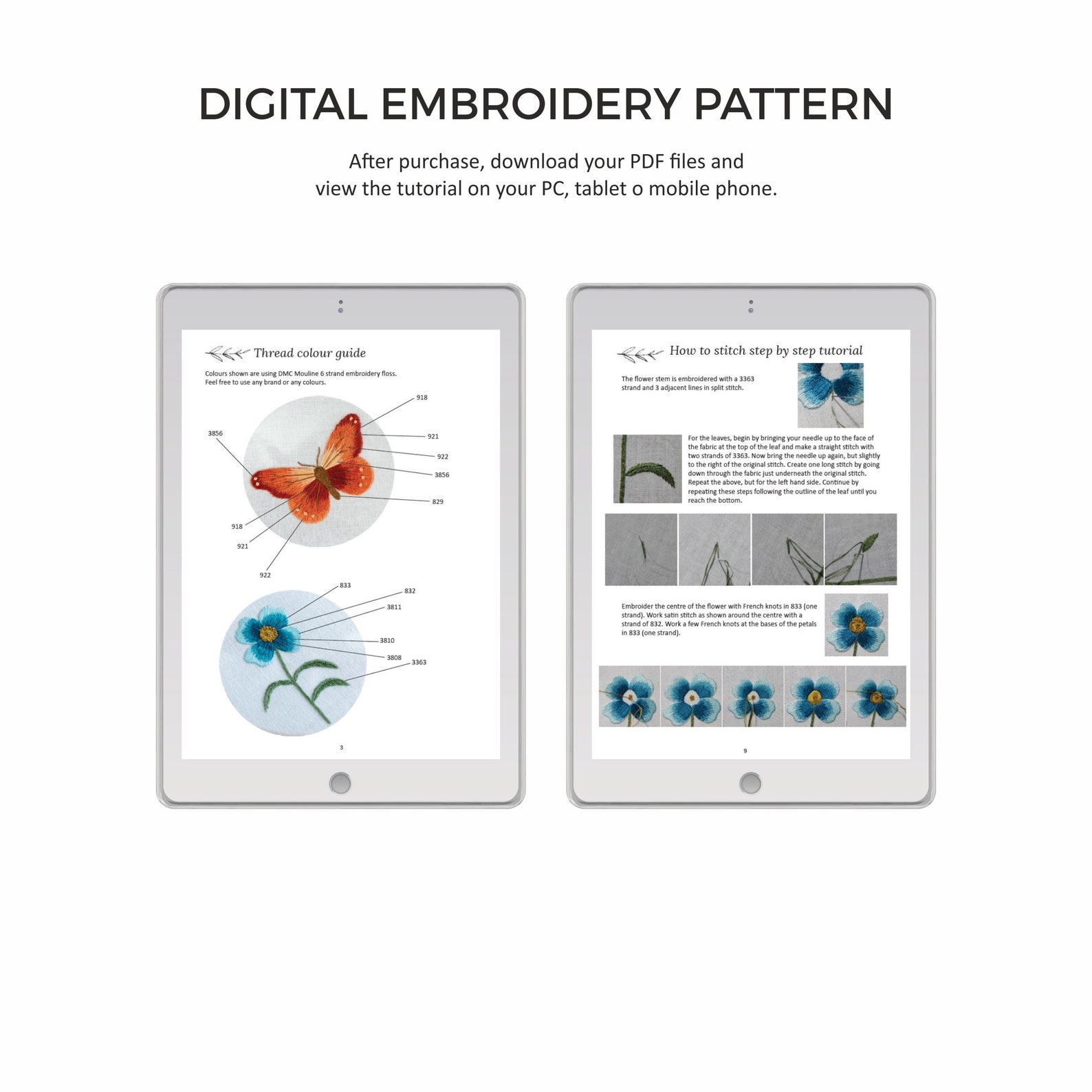 Butterfly &amp; Flower Hand Embroidery Pattern With Instructions - Etsy