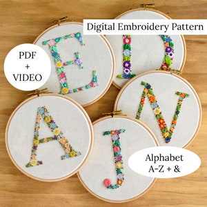 Patrón de bordado a mano con alfabeto de flores, video tutorial con iniciales bordadas, monograma floral ABC para regalo de guardería