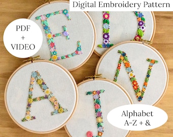 Flower Alphabet Hand Embroidery Pattern, Initial Embroidered Video Tutorial, ABC Floral Monogram for Nursery Gift