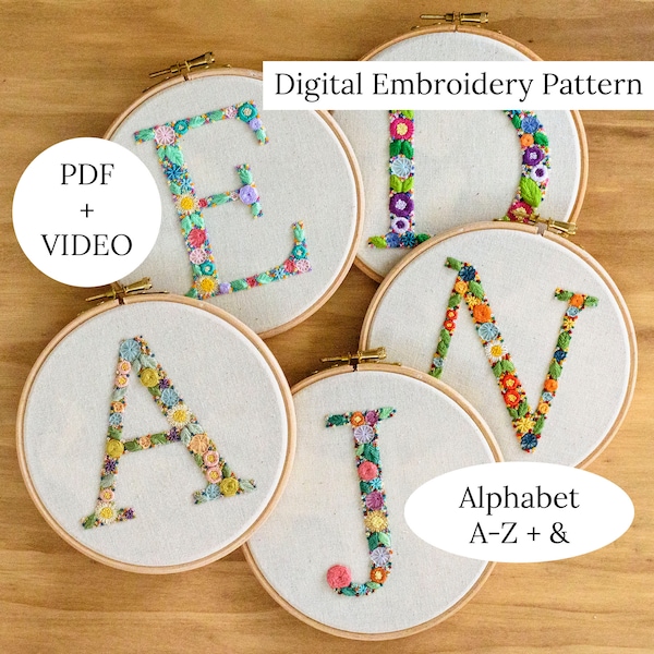 Patrón de bordado a mano del alfabeto de flores, video tutorial bordado inicial, monograma floral ABC para regalo de guardería