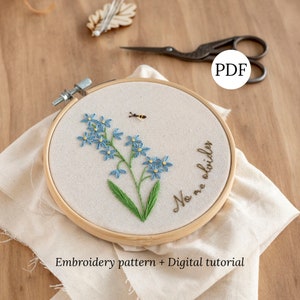 Forget Me Not Hand Embroidery Pattern, Wildflower PDF Guide, Floral Digital Tutorial DIY Hoop Art
