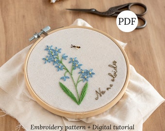 Modello di ricamo a mano Non ti scordar di me, Guida PDF Wildflower, Tutorial digitale floreale Arte del telaio fai da te