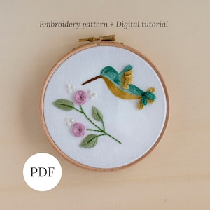 Hummingbird Hand Embroidery Pattern, Bird Needlepainting Digital Tutorial, Nature Stitching DIY Hoop Art