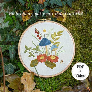 Mushroom Forest Hand Embroidery Pattern, Fall Floral Video Tutorial for Beginners, Autumn Needlework Design for Wall Decor