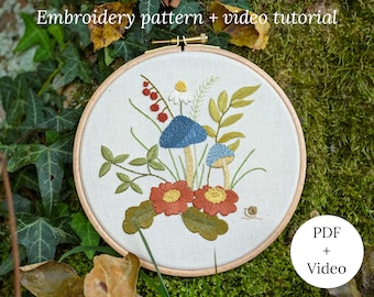 Mushroom Forest Embroidery Pattern: Fall Floral Needlework (PDF Pattern)