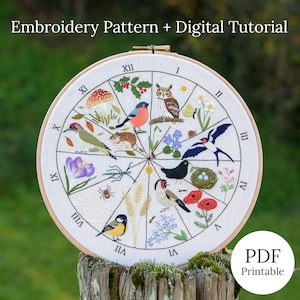 Op de afbeelding: Een witte borduurring met een cirkelvormig ontwerp met verschillende vogels, bloemen en andere natuur-geïnspireerde elementen. Het ontwerp is verdeeld in 12 secties, die elk een andere maand van het jaar voorstellen. De ring staat op een houten paal met een groene achtergrond.