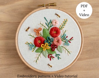 Floral Bouquet Hand Embroidery Pattern, Step by Step Digital Video Tutorial, Botanical Hoop Art