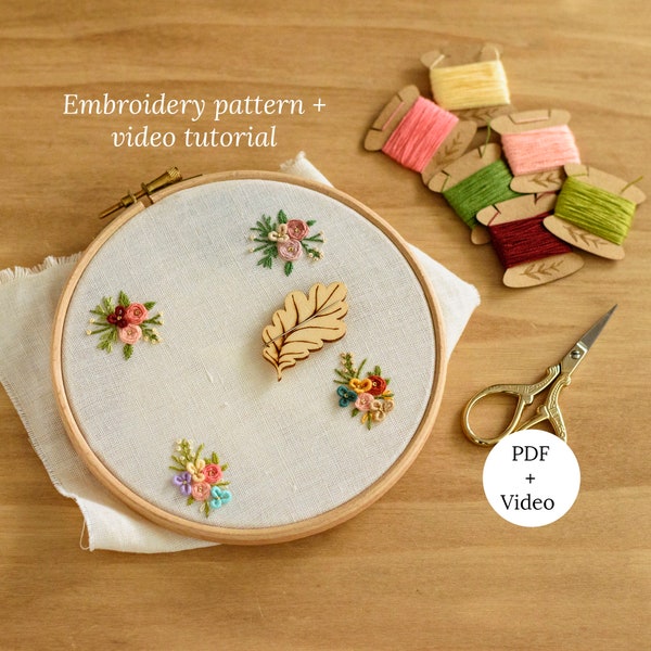 Floral Bouquets Miniature Hand Embroidery Pattern, Mini  Embroidery Hoops Video Tutorial, DIY Embroidered Jewelry Design for Gift