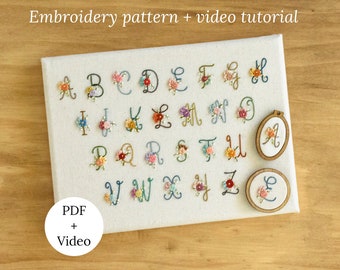 Flower Monogram Alphabet Hand Embroidery Design, Floral Letter Font Pattern, ABC Beginners Video Tutorial for Nursery Gift