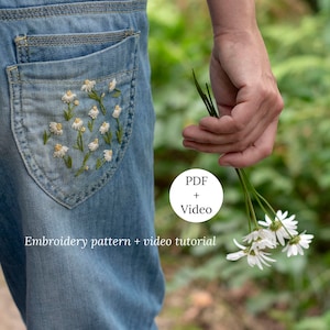 デイジーの手刺繍パターン、服の花のモチーフデザイン、刺繍初心者のための植物のビデオチュートリアル