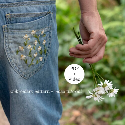 Daisies Print Embroidery Pattern Video Tutorial Begginer Etsy