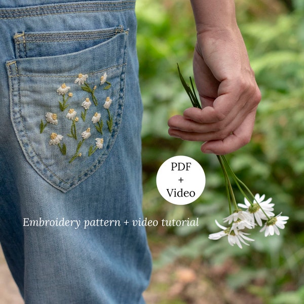 Daisies Hand Embroidery Pattern, Floral Motif Design for Clothes, Botanical Video Tutorial for Embroidery Beginner