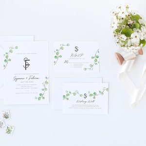 PRINTED Eucalyptus Wedding Cards - Full Set Invitations, RSVPs, Seating Cards, Menus, exe.