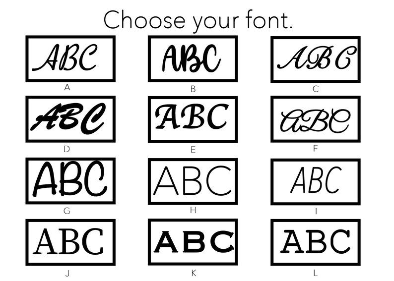 Pode incluir: Uma sele&ccedil;&atilde;o de 12 fontes diferentes exibidas como as letras "ABC" em texto preto dentro de caixas retangulares brancas. As caixas s&atilde;o etiquetadas com as letras A a L.