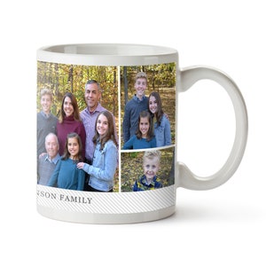May include: White ceramic mug featuring a collage of family photos. The mug has a grey and white striped pattern at the bottom and the text "PERSON FAMILY" printed in black.