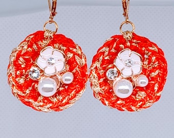Red crochet earrings Round red earrings  Elegant handmade earrings Thread woven earrings  Crochet earrings decorated with stones and beads.