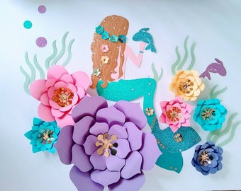 Mermaid Set Flowers Paper Flowers Mermaid Decor Mermaid Theme Party Under The Sea Backdrop Wall Decor Girls Room.