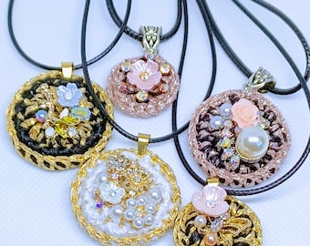 Unique piece special gift stones pearls mother of pearl flowers beads Elegant necklace pendant woven by hand Vintage style elegant necklace