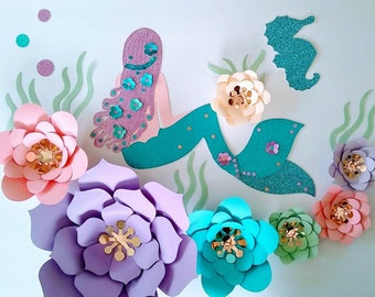 Mermaid Set Flowers Paper Flowers Mermaid Decor Mermaid Theme Party Under The Sea Backdrop Wall Decor Girls Room.