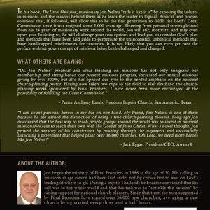 May include: Book cover with a photo of the author, Jon Nelms, and a quote from Pastor Anthony Lamb. The book title is "The Great Omission" and the subtitle is "Missionary Work Around the World". The book cover is brown with white text.
