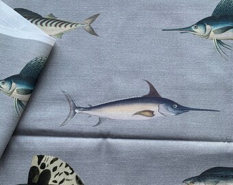 Key West Coastal Fabric, Vintage Grey Blue Fish, Upholstery Soft Furnishings Home Decor Fabric, SMOKE Grey, Sold by the Metre