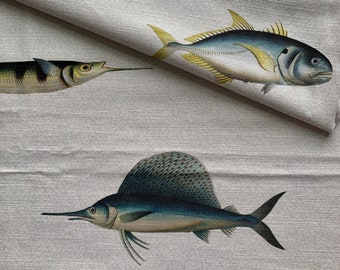 Key West Coastal Fabric, Vintage Grey Blue Fish, Upholstery Soft Furnishings Home Decor, Original Design, Sold by the Metre, PEBBLE grey