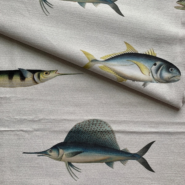 Key West Coastal Fabric, Vintage Grey Blue Fish, Upholstery Soft Furnishings Home Decor, Original Design, Sold by the Metre, PEBBLE grey