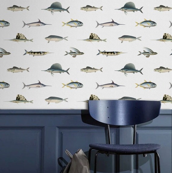 Key West Coastal Wallpaper Vintage Fish Grey Blue Original - Etsy UK Key West Coastal Wallpaper Vintage Fish Grey Blue Original - Etsy UK