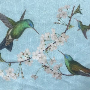 SAMPLE Hummingbird Cherry Blossom, Upholstery Home Decor Soft Furnishings Fabric, Blue Green, Exotic Chinoiserie Botanical, Original Design