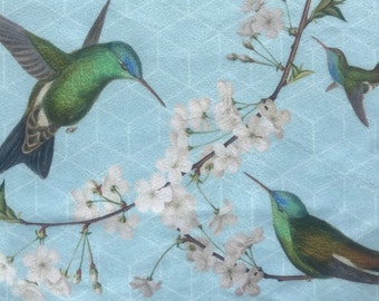 SAMPLE Hummingbird Cherry Blossom, Upholstery Home Decor Soft Furnishings Fabric, Blue Green, Exotic Chinoiserie Botanical, Original Design