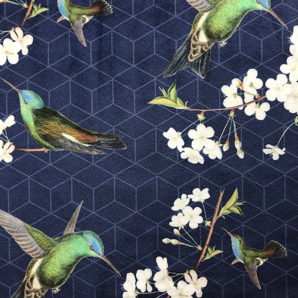 SAMPLE Hummingbird Cherry Blossom, Upholstery Home Decor Soft Furnishings Fabric, Navy Blue, Exotic Chinoiserie Geometric, Original Design